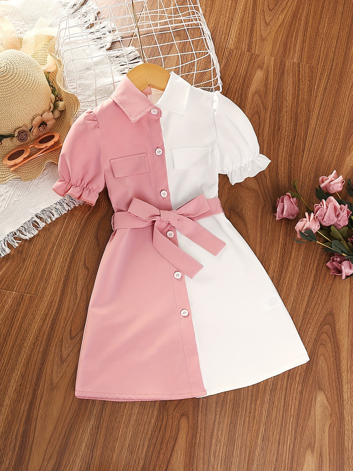 Girls Causal Color Block Puff Sleeve Button Down Lapel Dress With Belt, Kids Summer Dress