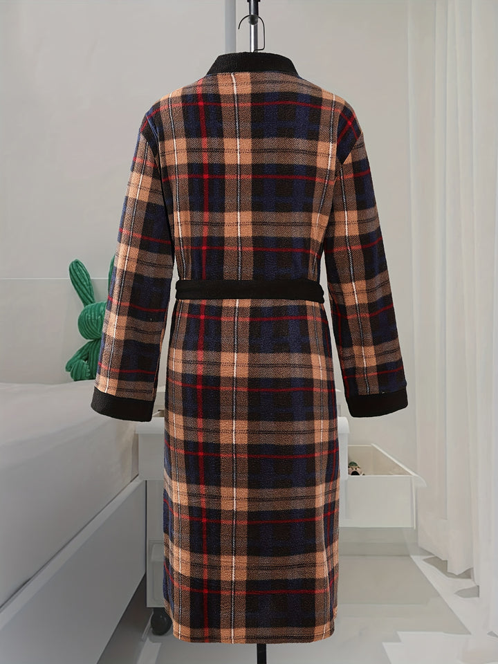 Men's Comfy Plaid Fleece Robe Home Pajamas Wear With Pocket One-piece Lace Up Kimono Night-robe Warm Sets After Bath