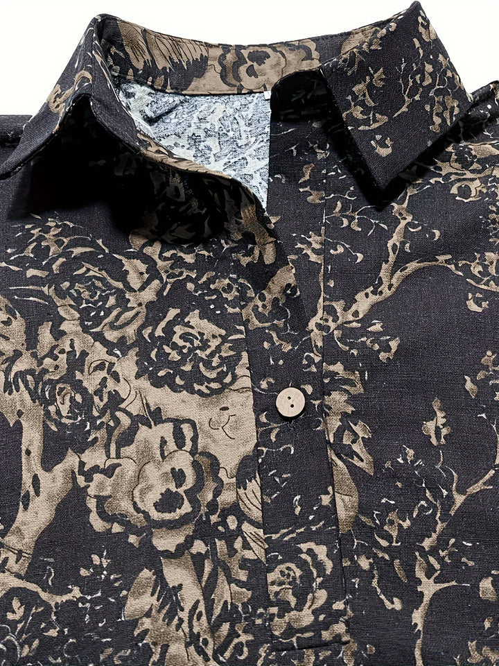 Vintage Graphic Print V-neck Dress, Elegant Long Sleeve Maxi Dress For Spring & Fall, Women's Clothing