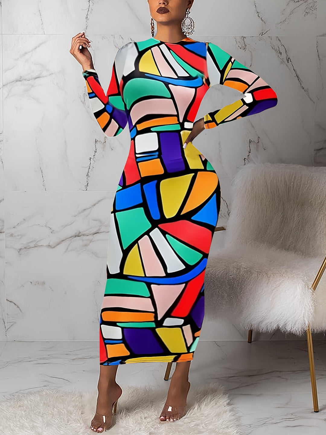 Geo Print Colorful Maxi Dress, Casual Crew Neck Long Sleeve Bodycon Dress, Women's Clothing