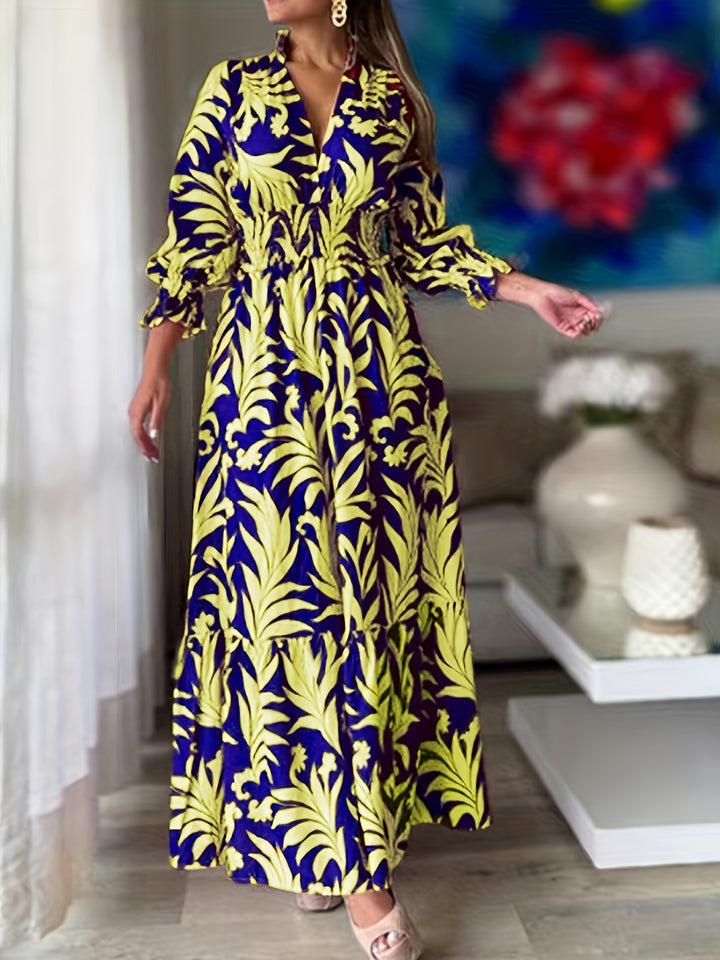 Plus Size Plant Print Dress, Elegant V Neck Shirred Waist Long Sleeve Dress, Women's Plus Size Clothing
