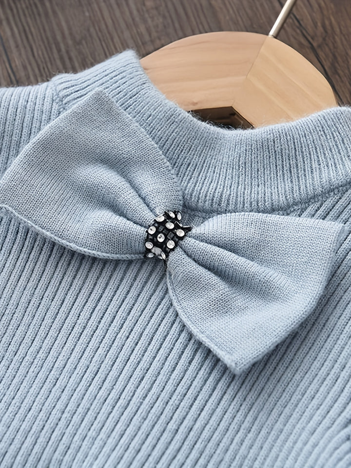 Girl's Bowknot Decor Elegant Dress, Knitted Puff Sleeve Dress, Kid's Clothes For Spring Fall