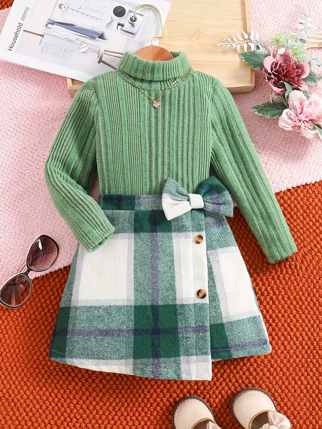 Elegant Outfits 2pcs Girls, Solid Turtleneck Pullover + Plaid Skirt Autumn Clothes Gift