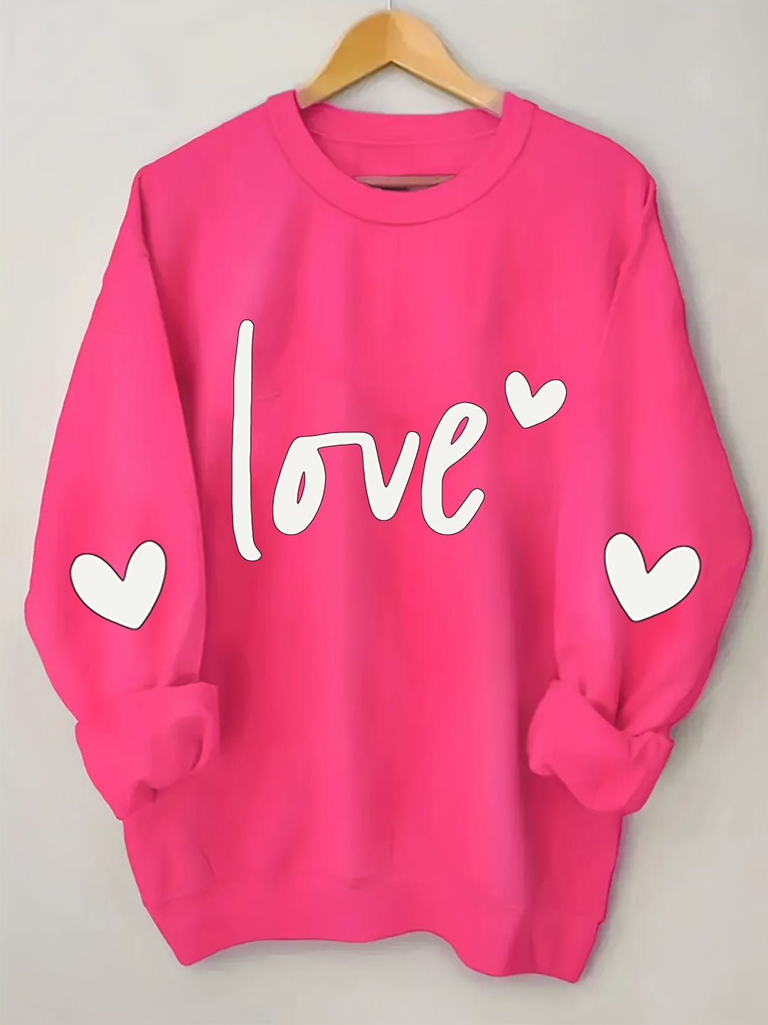 Plus Size Heart & Letter Print Sweatshirt, Casual Long Sleeve Crew Neck Sweatshirt, Women's Plus Size Clothing