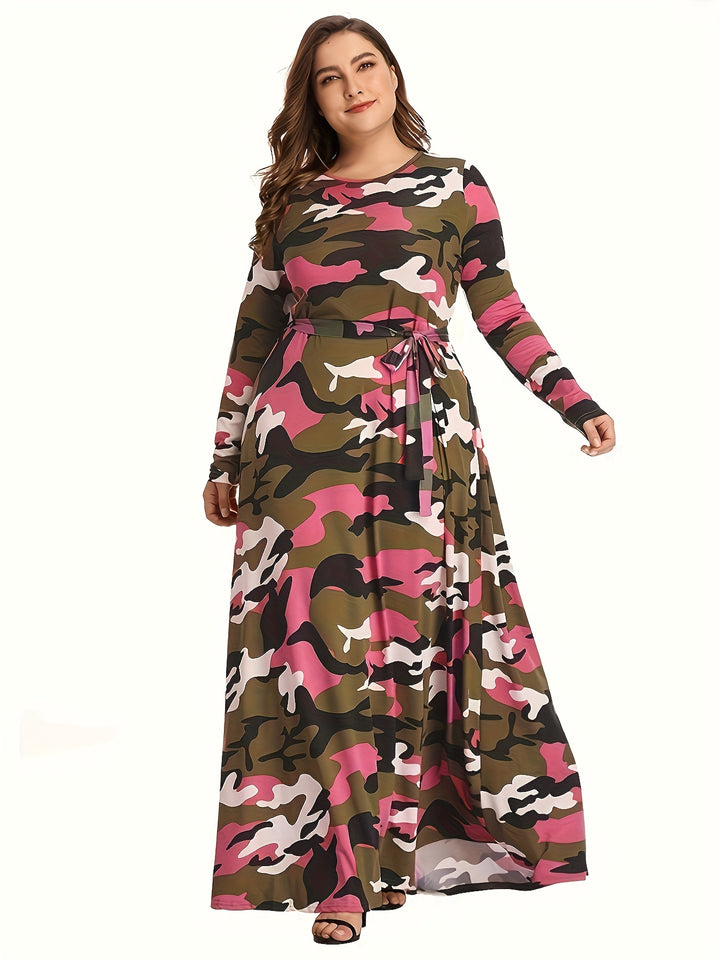 Stylish Plus Size Maxi Dress for Women - Camo Print, Long Sleeve, and Belt Included