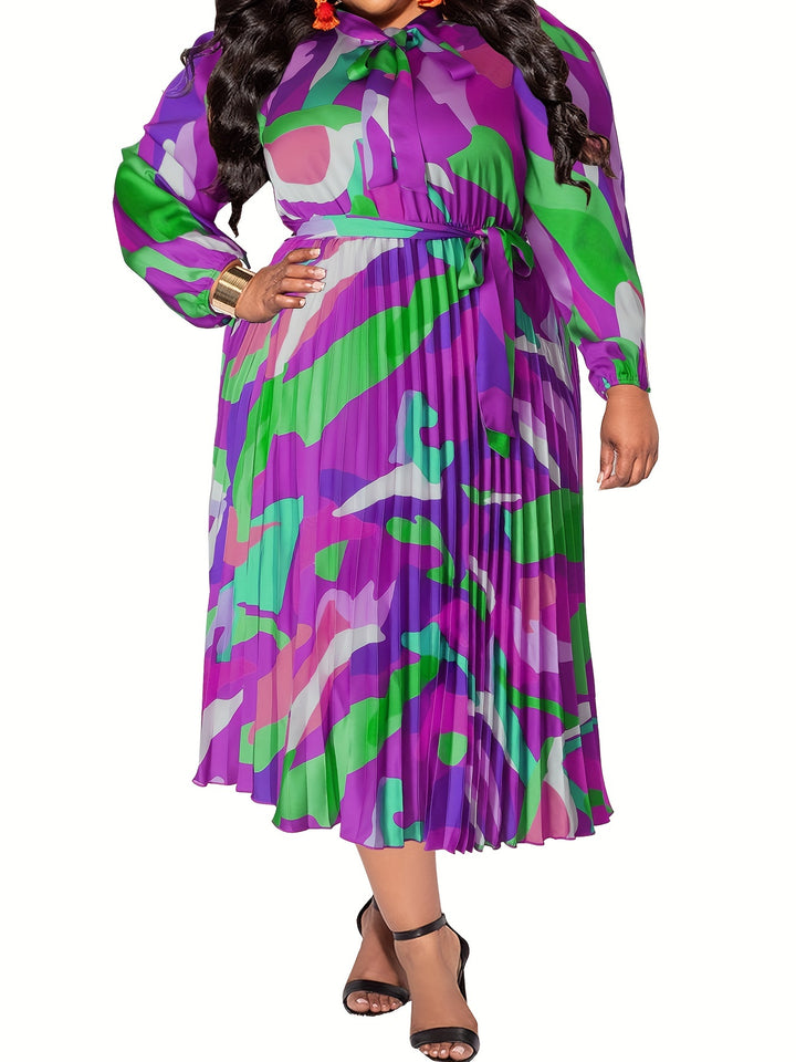 Elegant Plus Size Maxi Dress with Tie Neck, Abstract Print & Lantern Sleeves