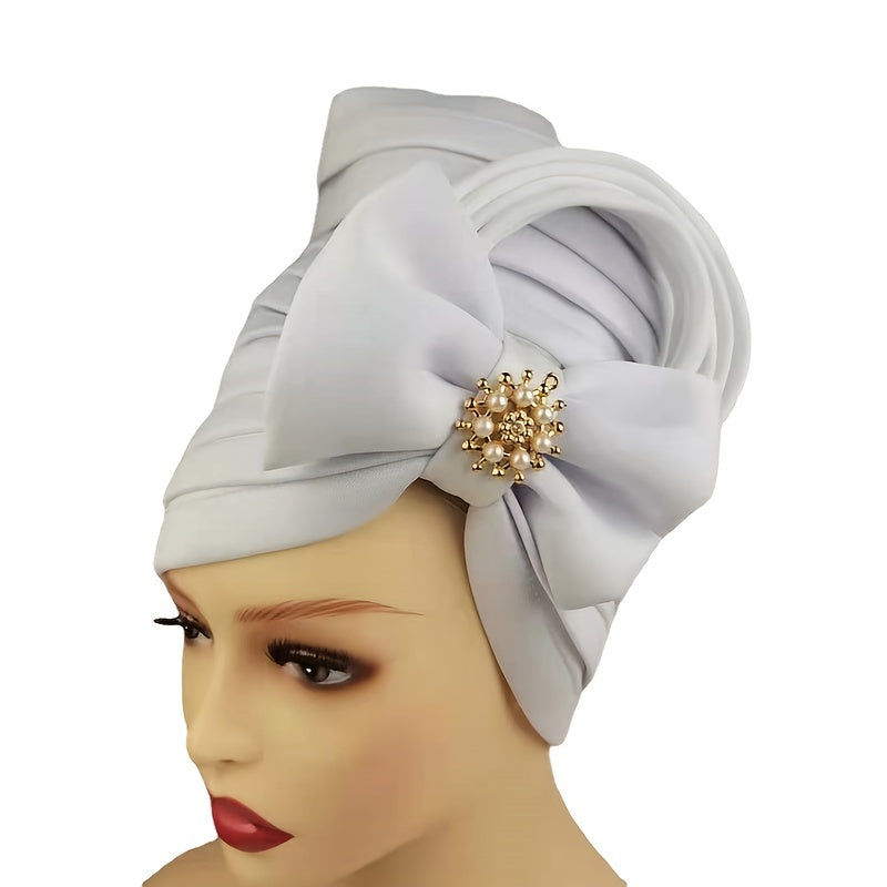 Faux Pearl Alloy Decor Turban Cap Elegant Bow Bandana Multi Layer Wrinkled Trendy Adjustable Hijab Women Hair Accessories