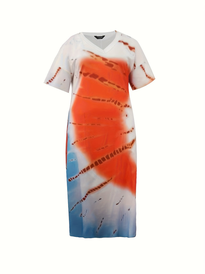 Plus Size Casual Dress, Women's Plus Tie Dye Short Sleeve V Neck Slight Stretch Maxi Dress With Pockets