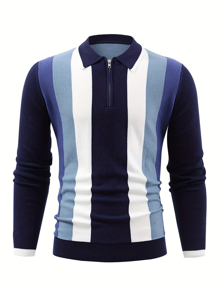 Striped Pattern Chic Knit Shirt, Men's Casual Lapel Slightly Stretch V-Neck Pullover Sweater For Men Winter Fall