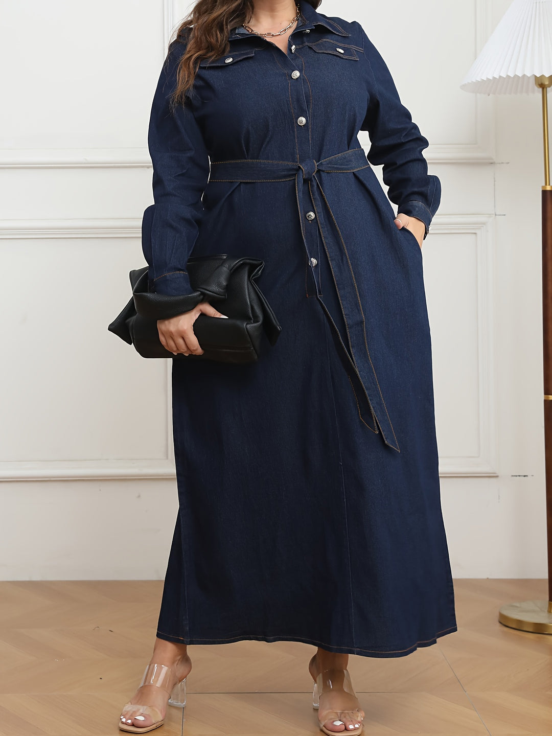 Plus Size Casual Denim Dress, Women's Plus Solid Pipping Button Up Long Sleeve Turn Down Collar Maxi Denim Shirt Dress With Belt