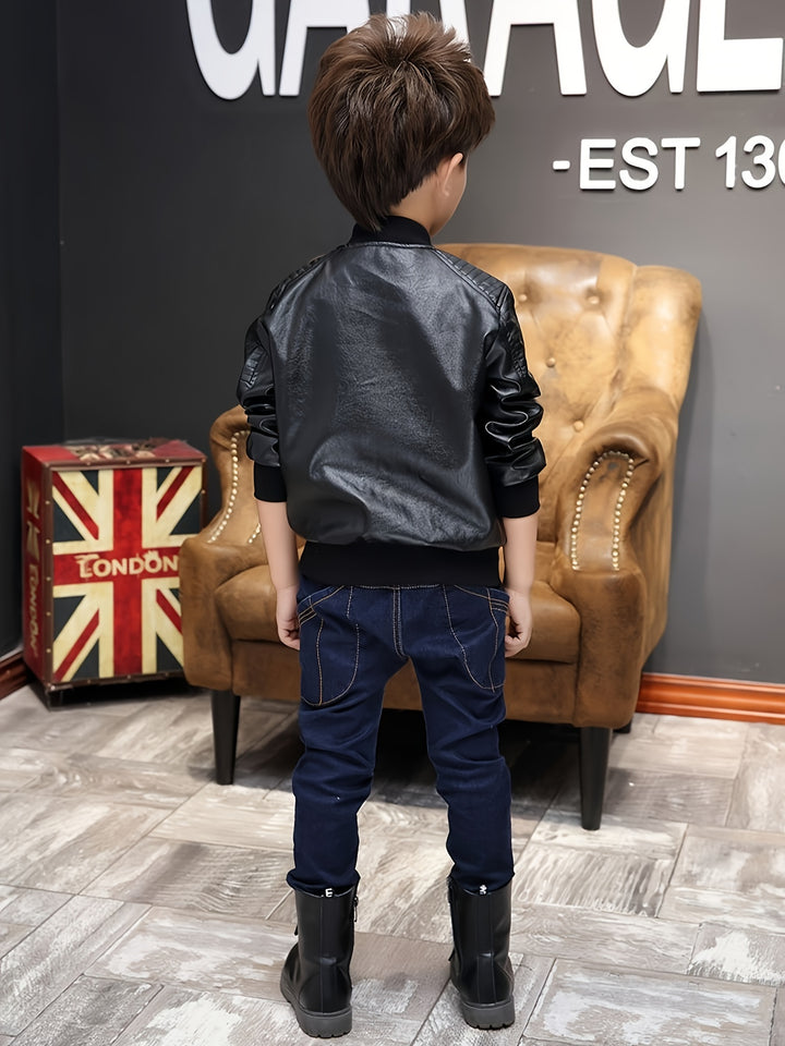 Trendy Boys Plus Fleece Thick Leather Zip Up Jacket With Side Pocket, Fashion Gift For Kids