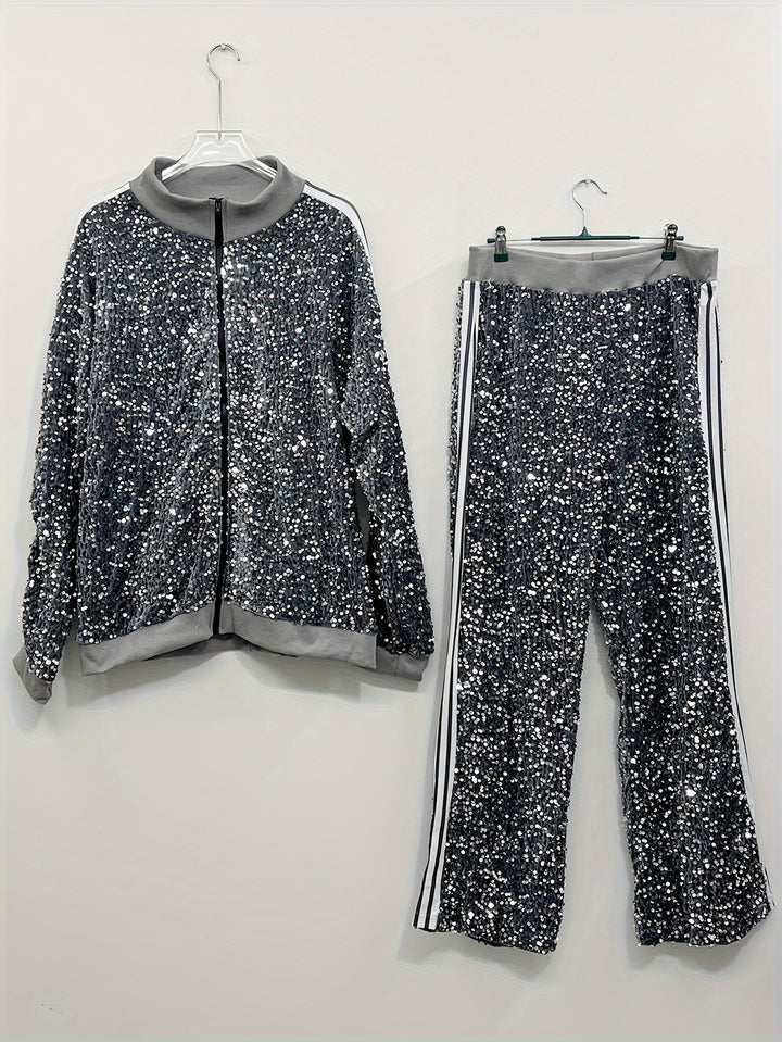Plus Size Sequin Two-piece Set, Zip Front Long Sleeve Top & Pants Outfits, Women's Plus Size Clothing