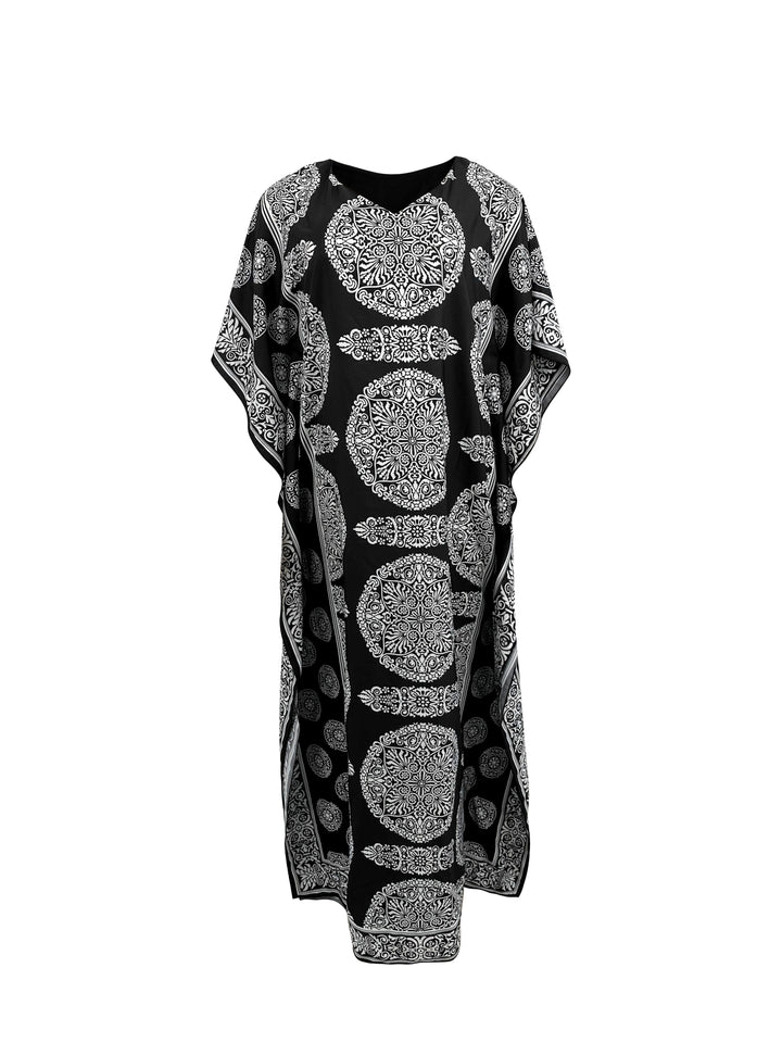 Ethnic Floral Kaftan Dress, Boho V Neck Batwing Sleeve Maxi Dress, Women's Clothing