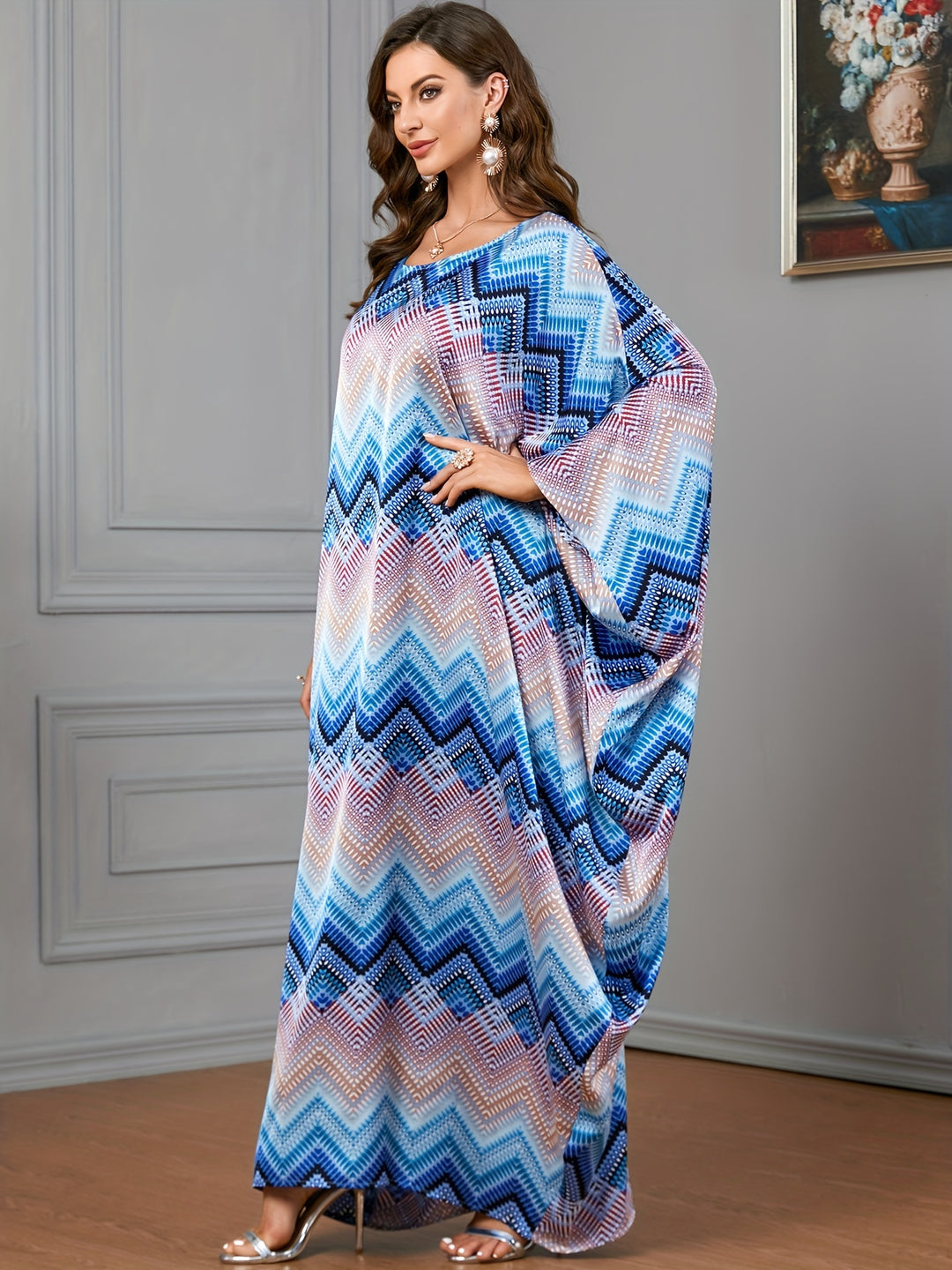 Plus Size Colorblock Stripe Print Kaftan Dress, Elegant Crew Neck Batwing Sleeve Maxi Dress, Women's Plus Size Clothing