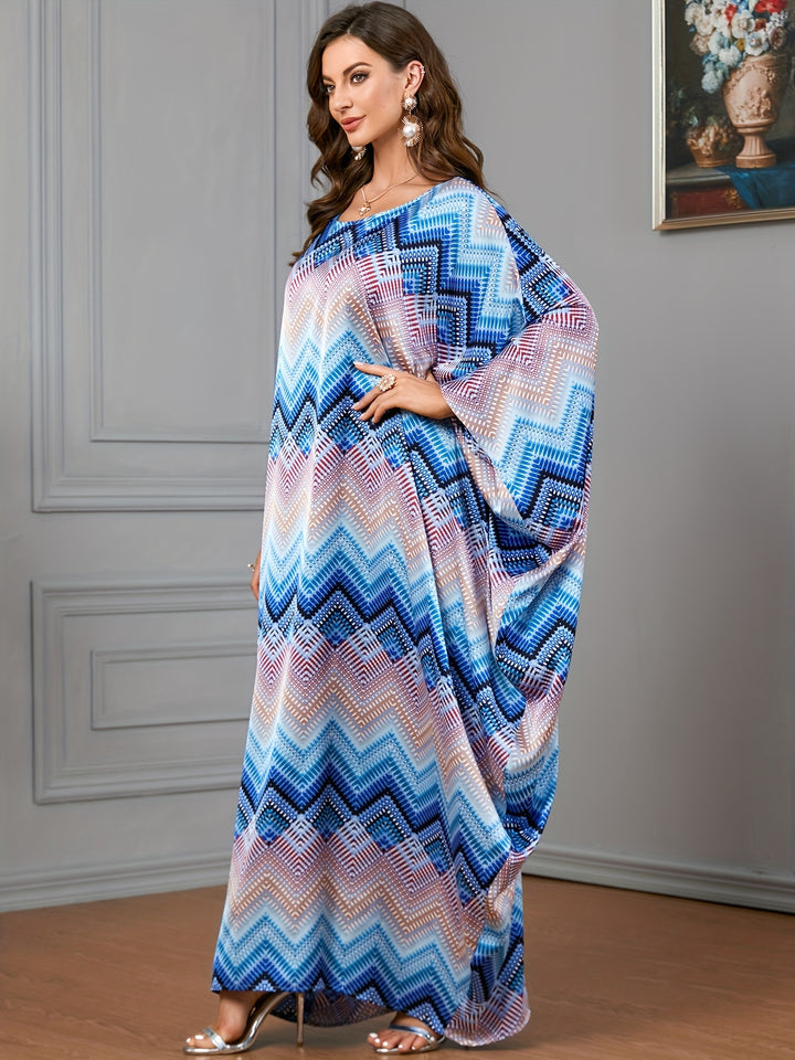 Plus Size Colorblock Stripe Print Kaftan Dress, Elegant Crew Neck Batwing Sleeve Maxi Dress, Women's Plus Size Clothing