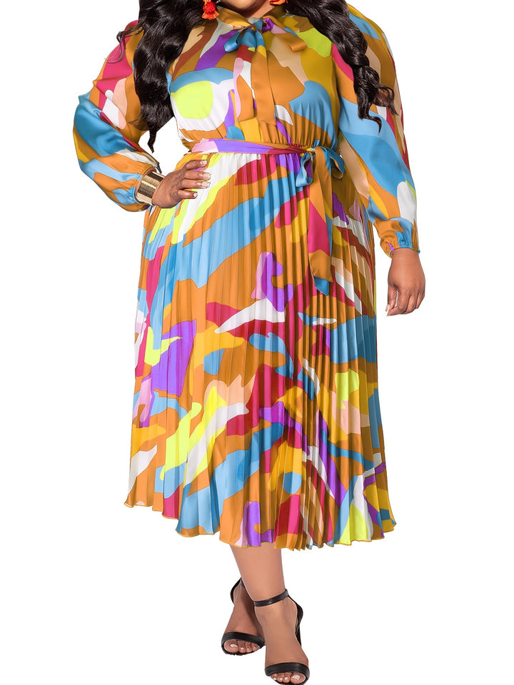 Elegant Plus Size Maxi Dress with Tie Neck, Abstract Print & Lantern Sleeves