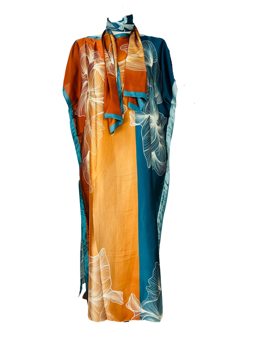 Plus Size Modest Kaftan Dress, Women's Plus Colorblock Floral Print Batwing Sleeve Round Neck Maxi Dress