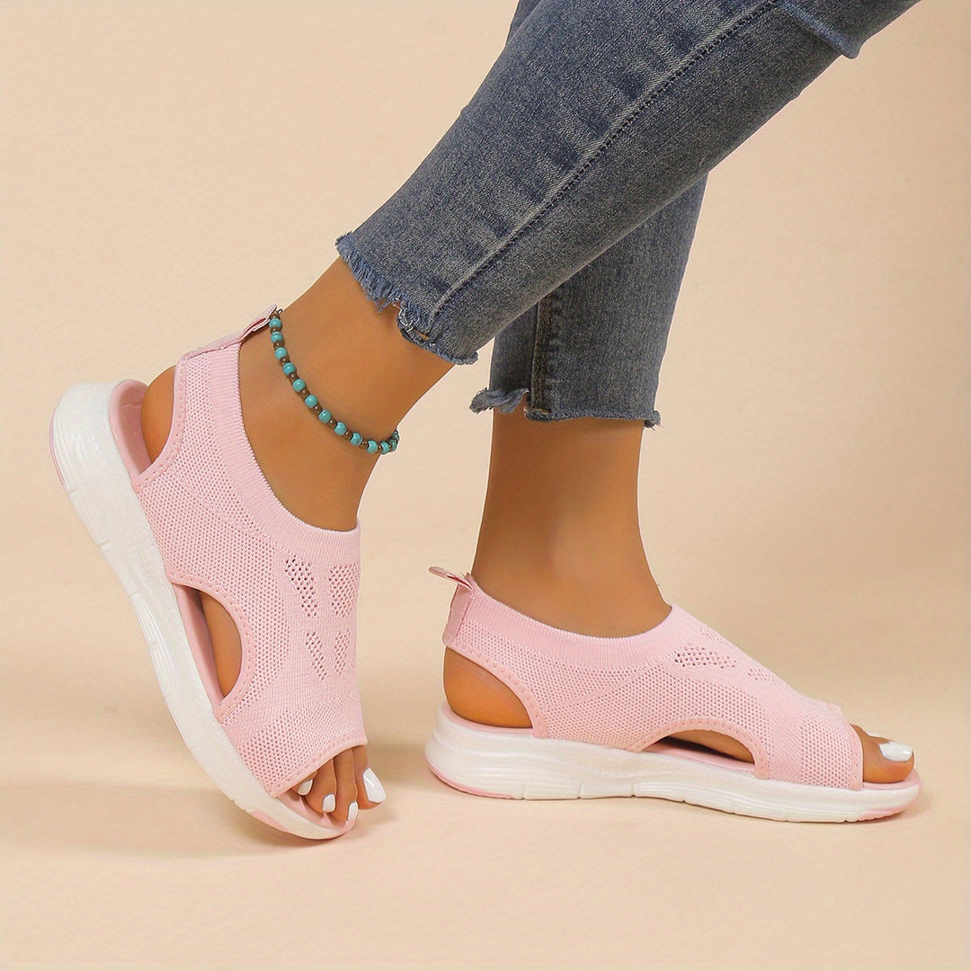 Women's Knitted Cut-out Sandals, Solid Color Open Toe Slip On Shoes, Lightweight Wedge Shoes