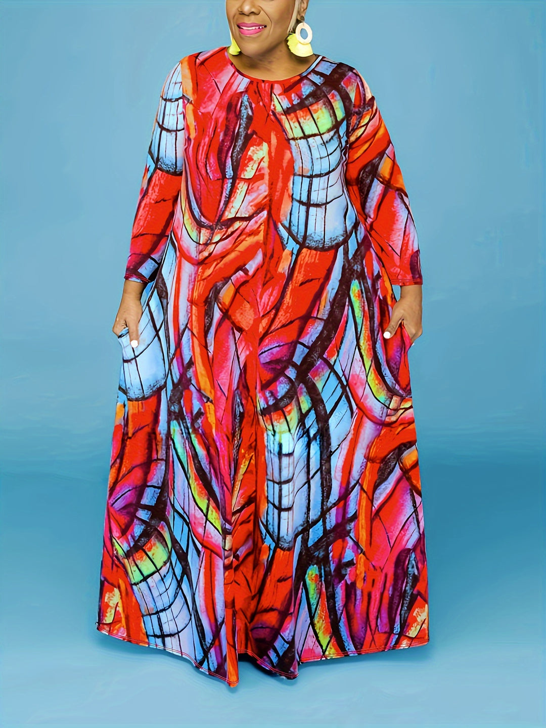 Plus Size Casual Dress, Women's Plus Allover Print Long Sleeve Round Neck Maxi Dress With Pockets