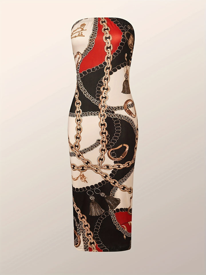 Plus Size elegant Outfits Set, Women's Plus Baroque Print Long Sleeve Open Front Cardigan & Tube Bodycon Midi Dress Outfits Two Piece Set