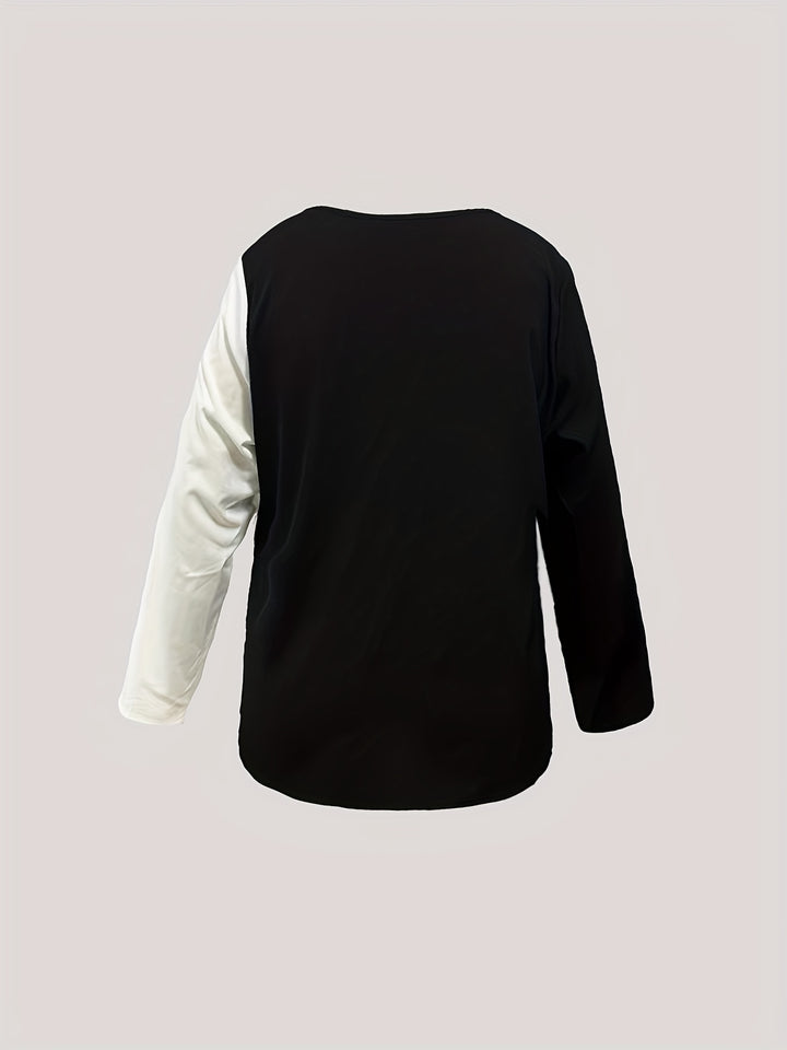 Plus Size Casual Blouse, Women's Plus Colorblock Sequin Notched Neck Long Sleeve Asymmetrical Hem Top
