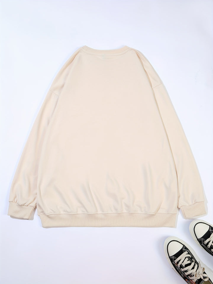 Plus Size Heart & Letter Print Sweatshirt, Casual Long Sleeve Crew Neck Sweatshirt, Women's Plus Size Clothing