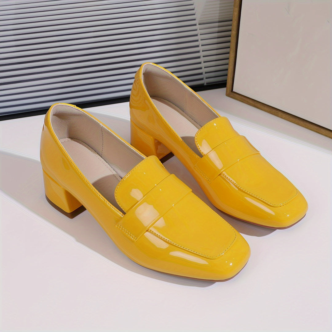 Women's Chunky Heeled Loafers, Solid Color Square Toe Patent Leather Pumps, All-Match Slip On Shoes