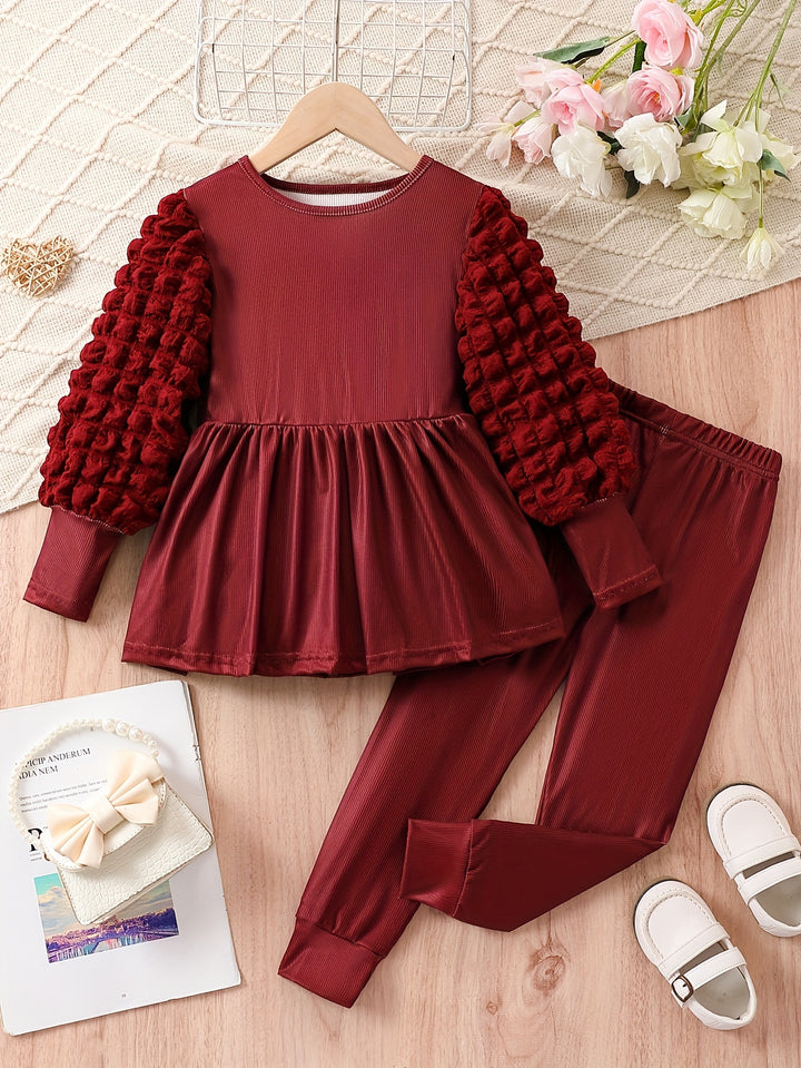 Solid Outfits 2pc Girls Puff Long Sleeve Top +pants Kids Clothes For Fall