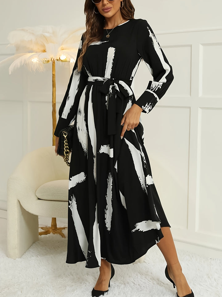 Brush Print Keyhole Dress, Elegant Long Sleeve Maxi Dress, Women's Clothing