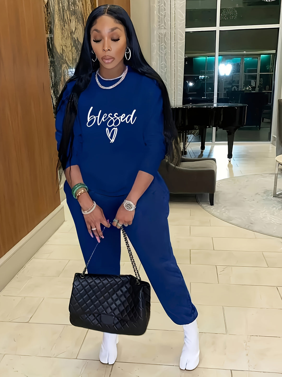 Plus Size Casual Outfits Set, Women's Plus Letter & Heart Print Long Sleeve Round Neck Sweatshirt & Joggers Outfits 2 Piece Set