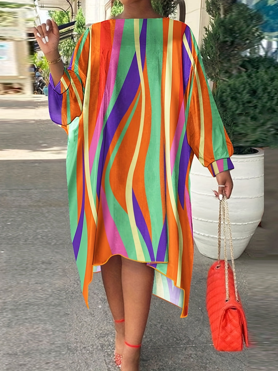 Plus Size Rainbow Striped Loose Fit Maxi Dress, Women's Plus Casual Round Neck Dress