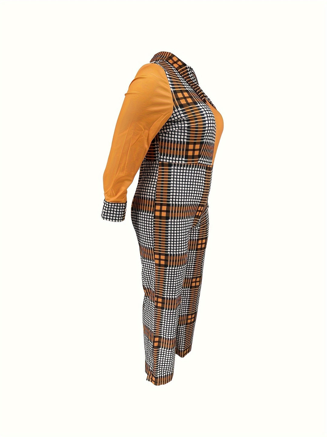 Plus Size Casual Jumpsuit, Women's Plus Colorblock Geometric Print Long Sleeve Turn Down Collar Jumpsuit