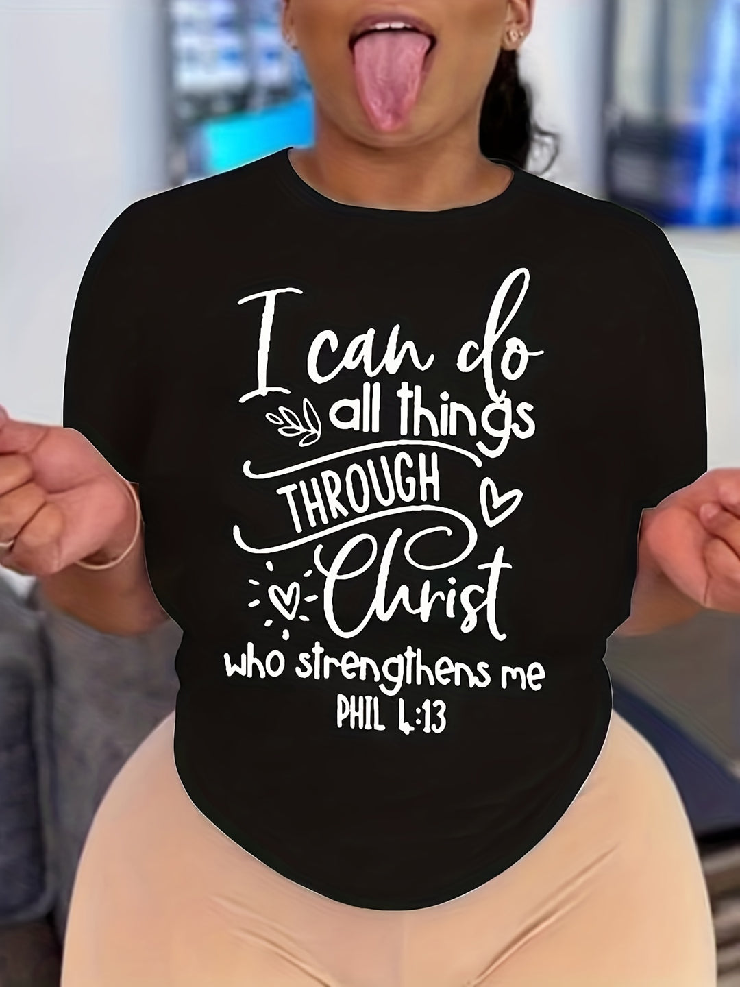 Plus Size Casual T-shirt, Women's Plus Letter & Heart Print Crew Neck Short Sleeve Medium Stretch T-shirt