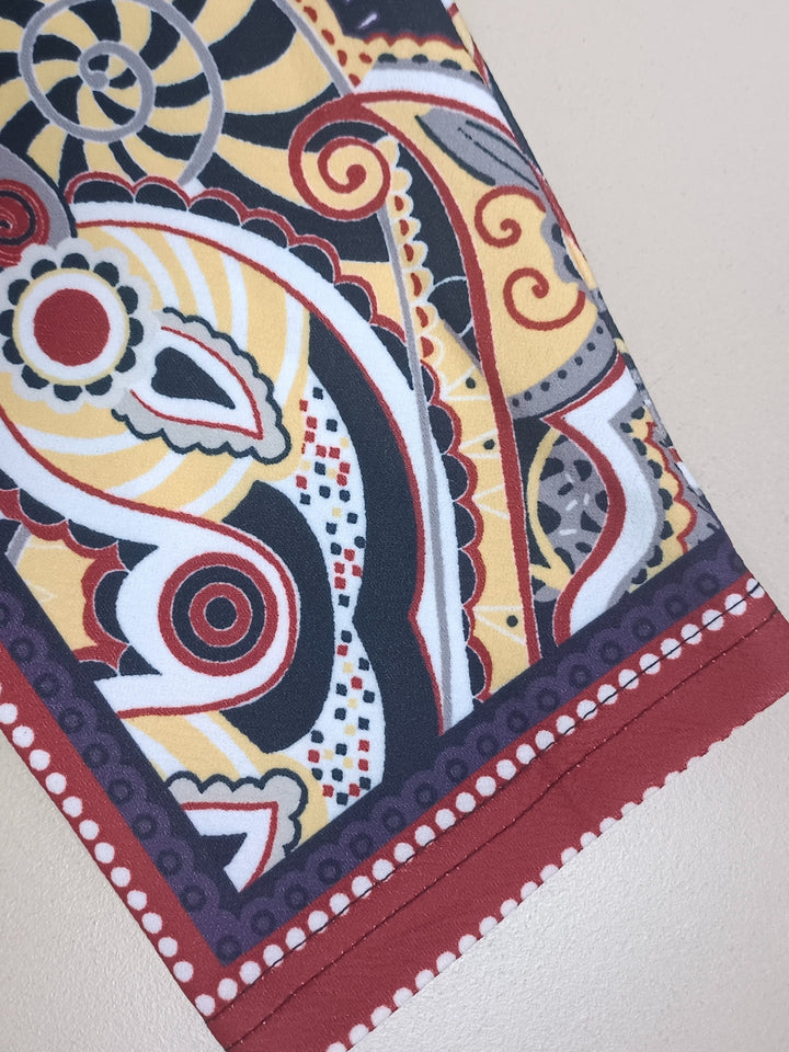 Plus Size Boho Dress, Women's Plus Cross & Paisley Print Long Sleeve Notched Neck Slight Stretch Maxi Slim Fit Dress