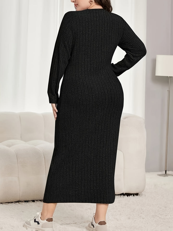 Plus Size Casual Dress, Women's Plus Solid Ribbed Long Sleeve Round Neck Slight Stretch Maxi Dress