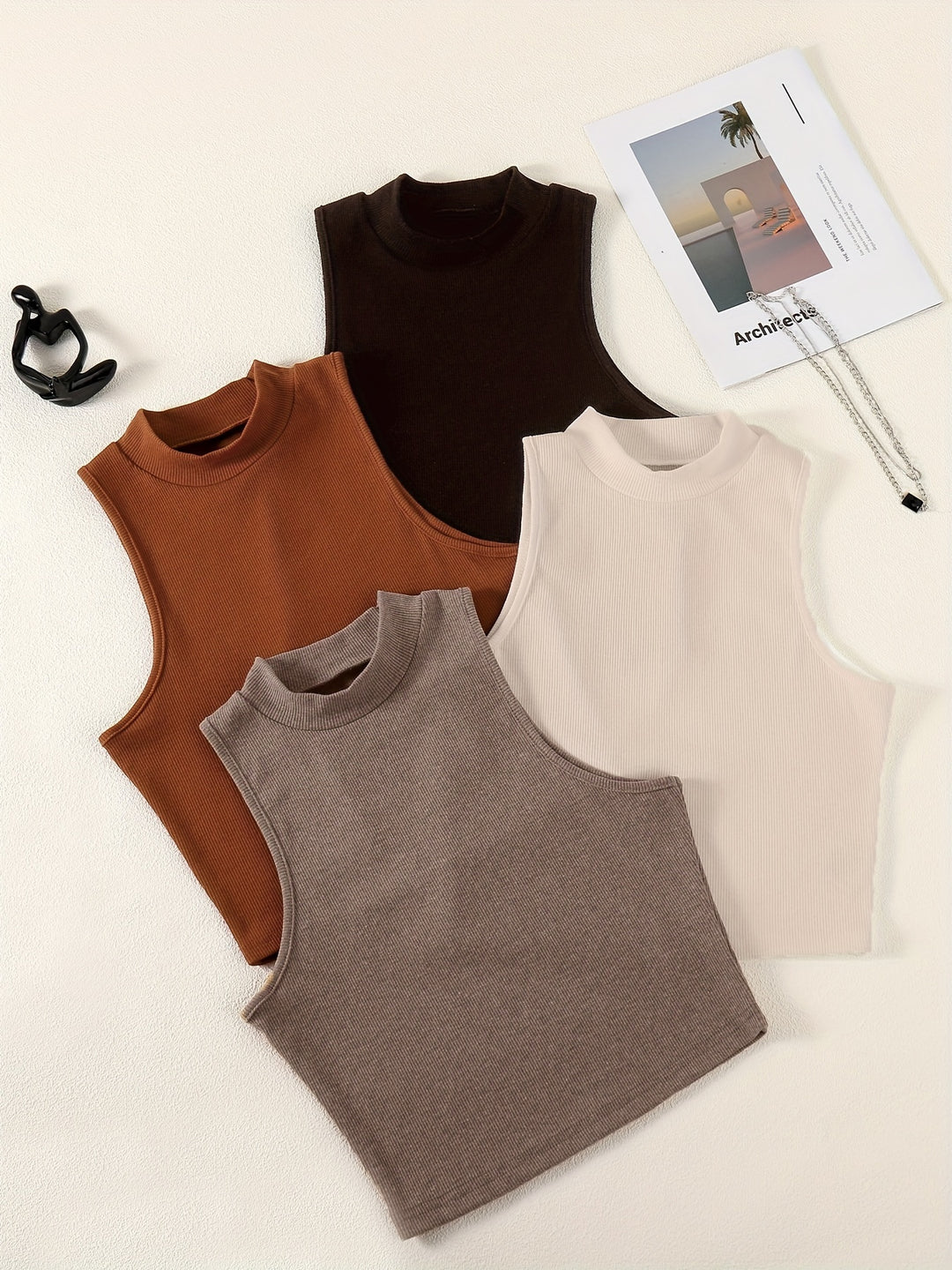 Solid Summer 4pcs Tank Tops, Casual Crew Neck Sleeveless Knit Tank Tops, Women's Clothing