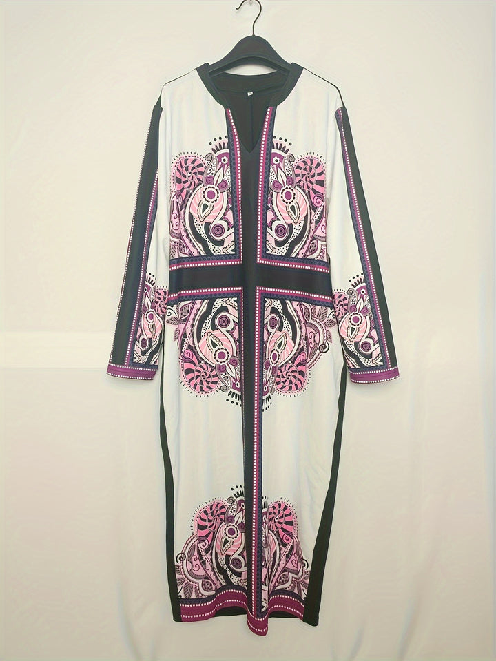 Plus Size Boho Dress, Women's Plus Cross & Paisley Print Long Sleeve Notched Neck Slight Stretch Maxi Slim Fit Dress