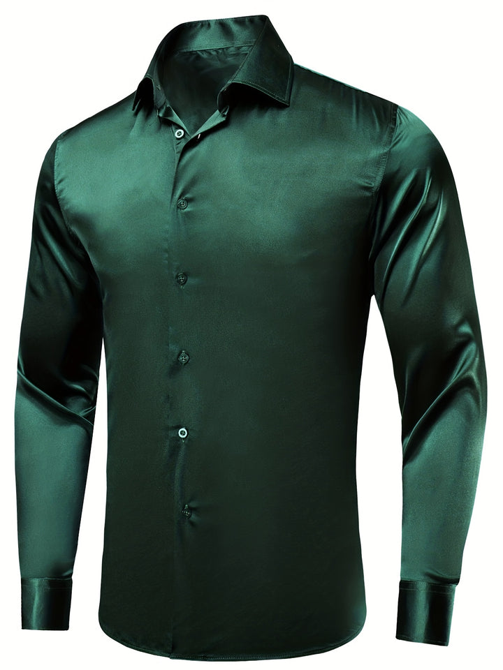 Men's Casual Button Up Long Sleeve Satin Shirt, Men's Clothes For Spring Summer Autumn, Tops For Men