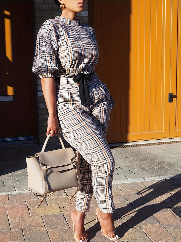 Plaid Pattern Mock Neck Jumpsuit, Casual Puff Sleeve Slim Belted Jumpsuit, Women's Clothing