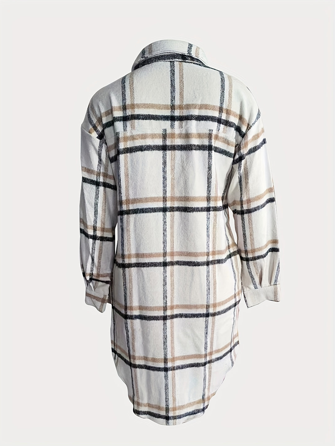 Plaid Print Shacket Jacket, Casual Button Front Turn Down Collar Long Sleeve Mid Length Outerwear, Women's Clothing