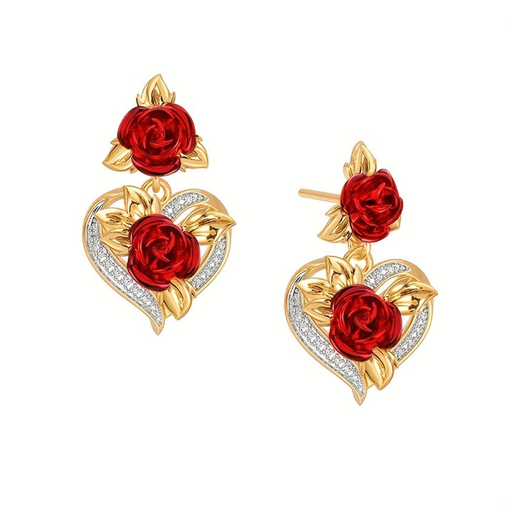 Romantic Valentine's Day Gift - Elegant Women's Heart Rose Flower Dangle Stud Earrings