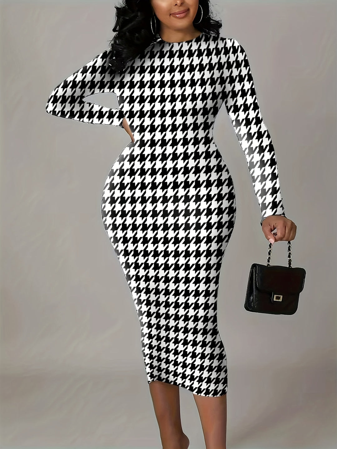 Plus Size Elegant Dress, Women's Plus Houndstooth Print Long Sleeve Round Neck Bodycon Midi Dress