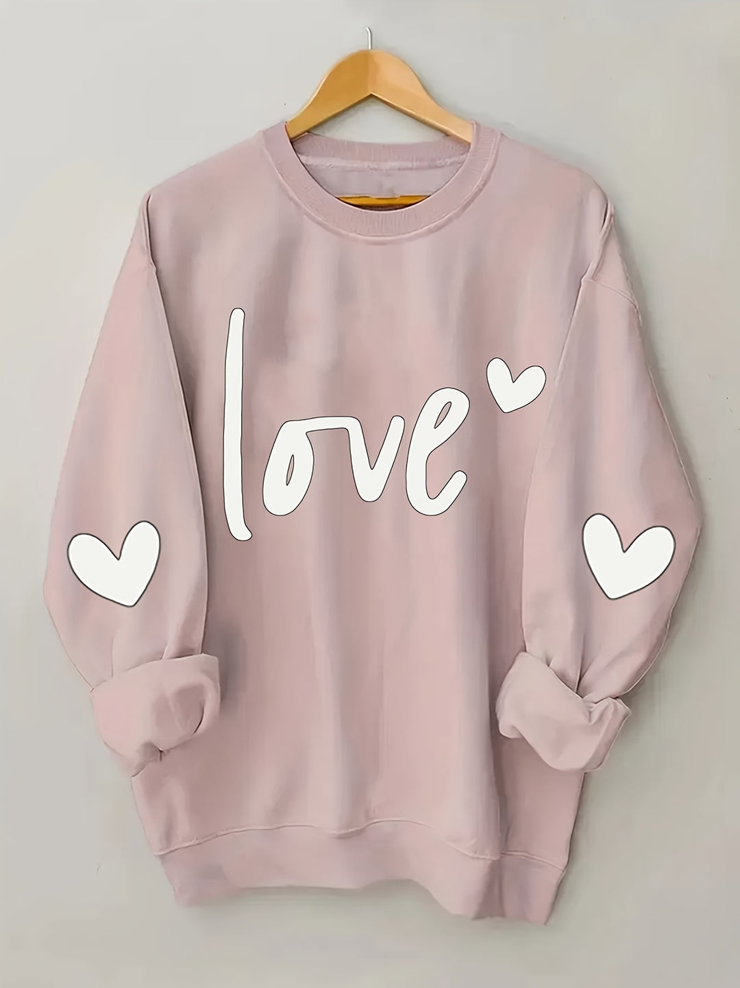 Plus Size Heart & Letter Print Sweatshirt, Casual Long Sleeve Crew Neck Sweatshirt, Women's Plus Size Clothing