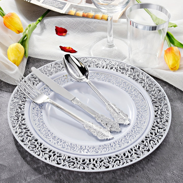 30pcs, Silvery Plastic Silverware, Silvery Plastic Tableware Including 10 Silvery Plastic Forks, 10 Spoons And 10 Knives, Premium Silver Disposable Cutlery Set For Parties, Holidays, Weddings, Hand Washable And Reusable