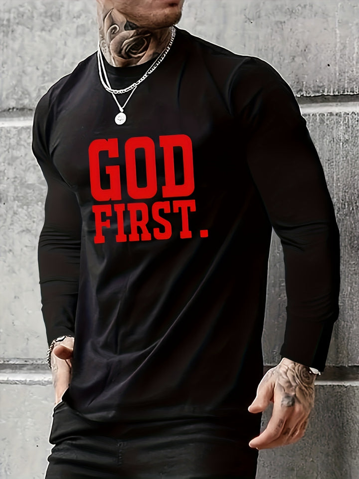 GOD First Print, Men's Graphic Design Crew Neck Long Sleeves Black Active T-shirt, Casual Comfy Shirts For Spring Summer Autumn, Men's Clothing Tops