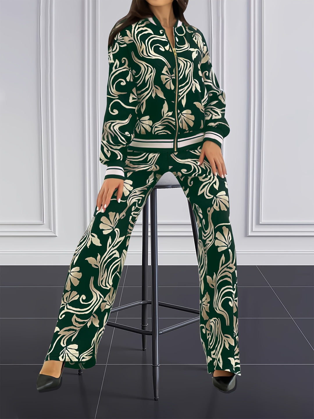 Plus Size Casual Outfits Set, Women's Plus Leaf Print Long Sleeve Zip Up Jacket & Pants Outfits 2 Piece Set