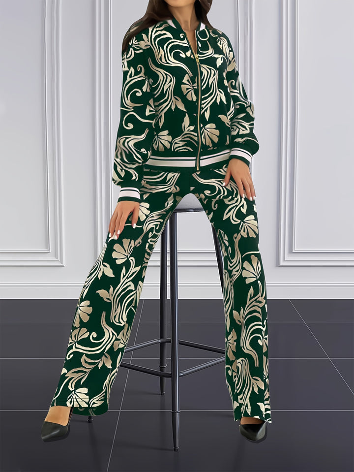 Plus Size Casual Outfits Set, Women's Plus Leaf Print Long Sleeve Zip Up Jacket & Pants Outfits 2 Piece Set