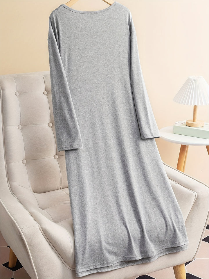 Plus Size Valentine's Day Casual Lounge Dress, Women's Plus Plaid Heart & Letter Print Long Sleeve Tee Nightdress