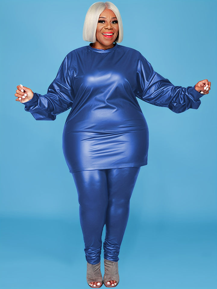 Plus Size Casual Outfits Set, Women's Plus Faux Leather Solid Long Sleeve Top & Pants 2pcs Set