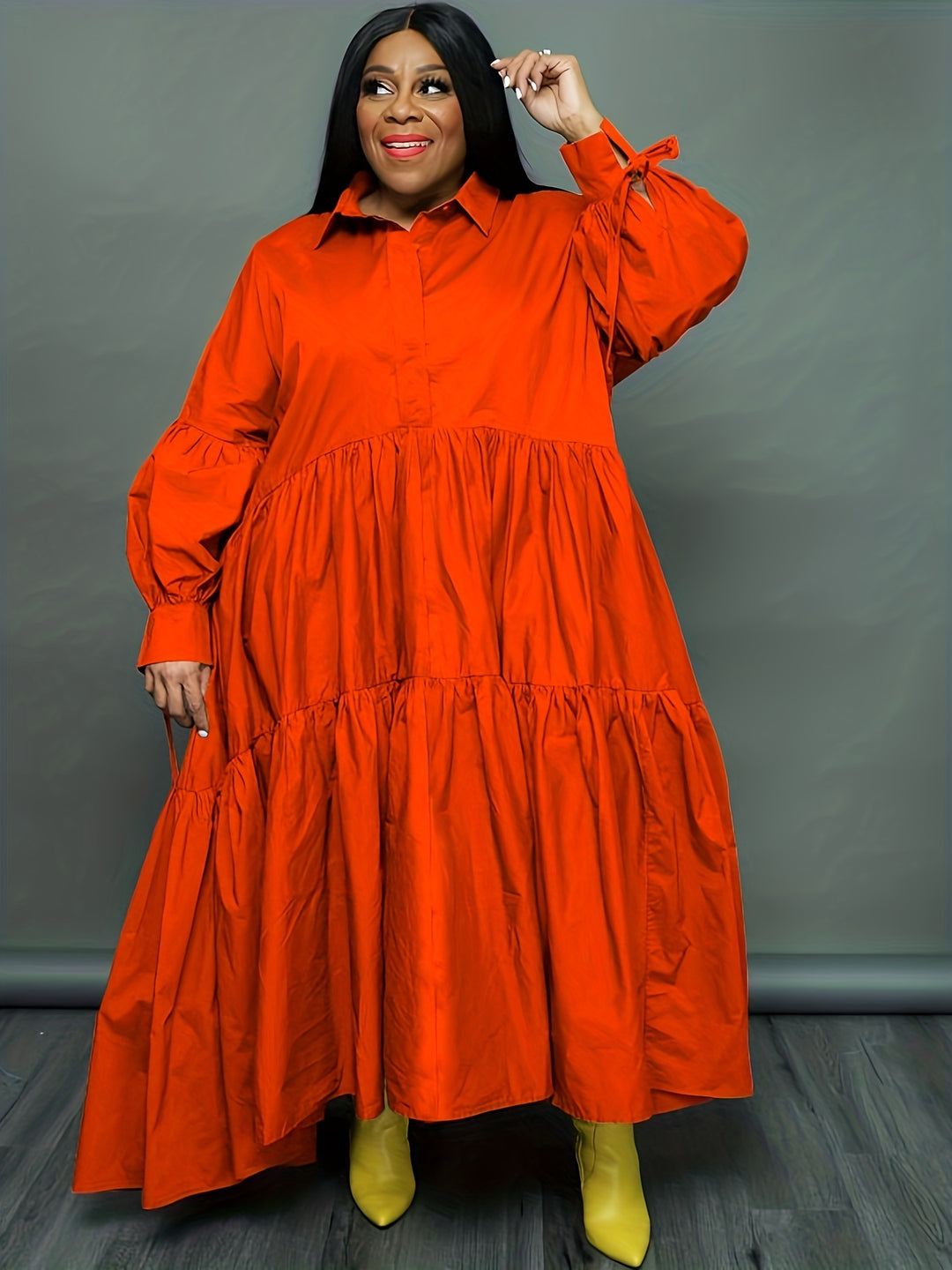 Plus Size Elegant Dress, Women's Plus Solid Tie Lantern Sleeve Ruffle Trim Polo Neck Loose Smock Dress